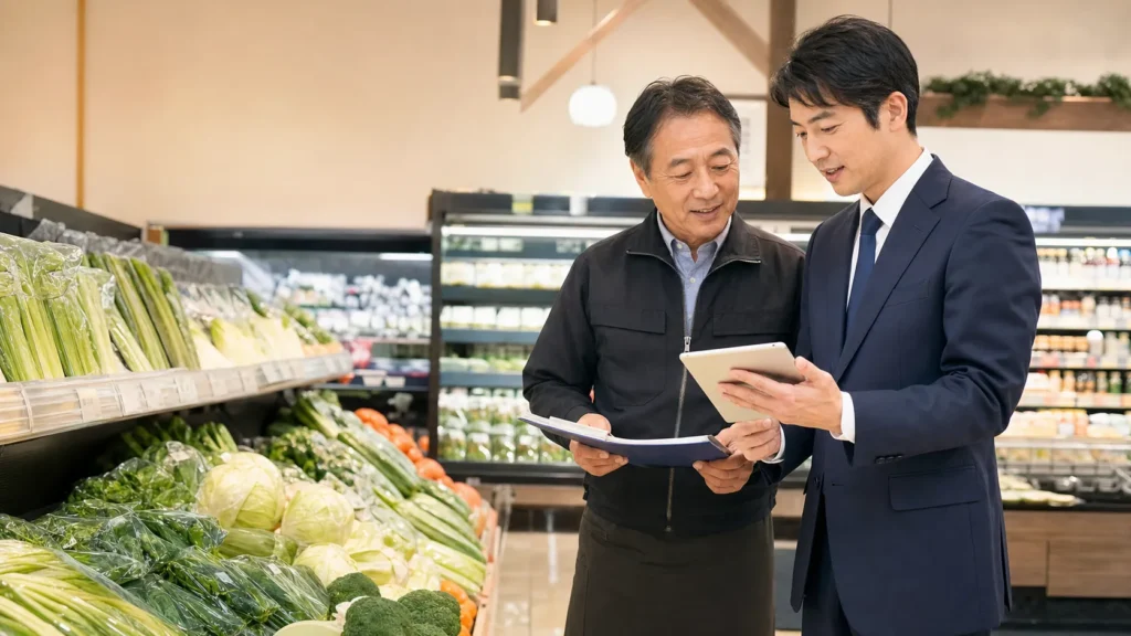 鮮魚スーパー M&Aを検討する店舗承継と冷蔵冷凍設備確認のイメージ
