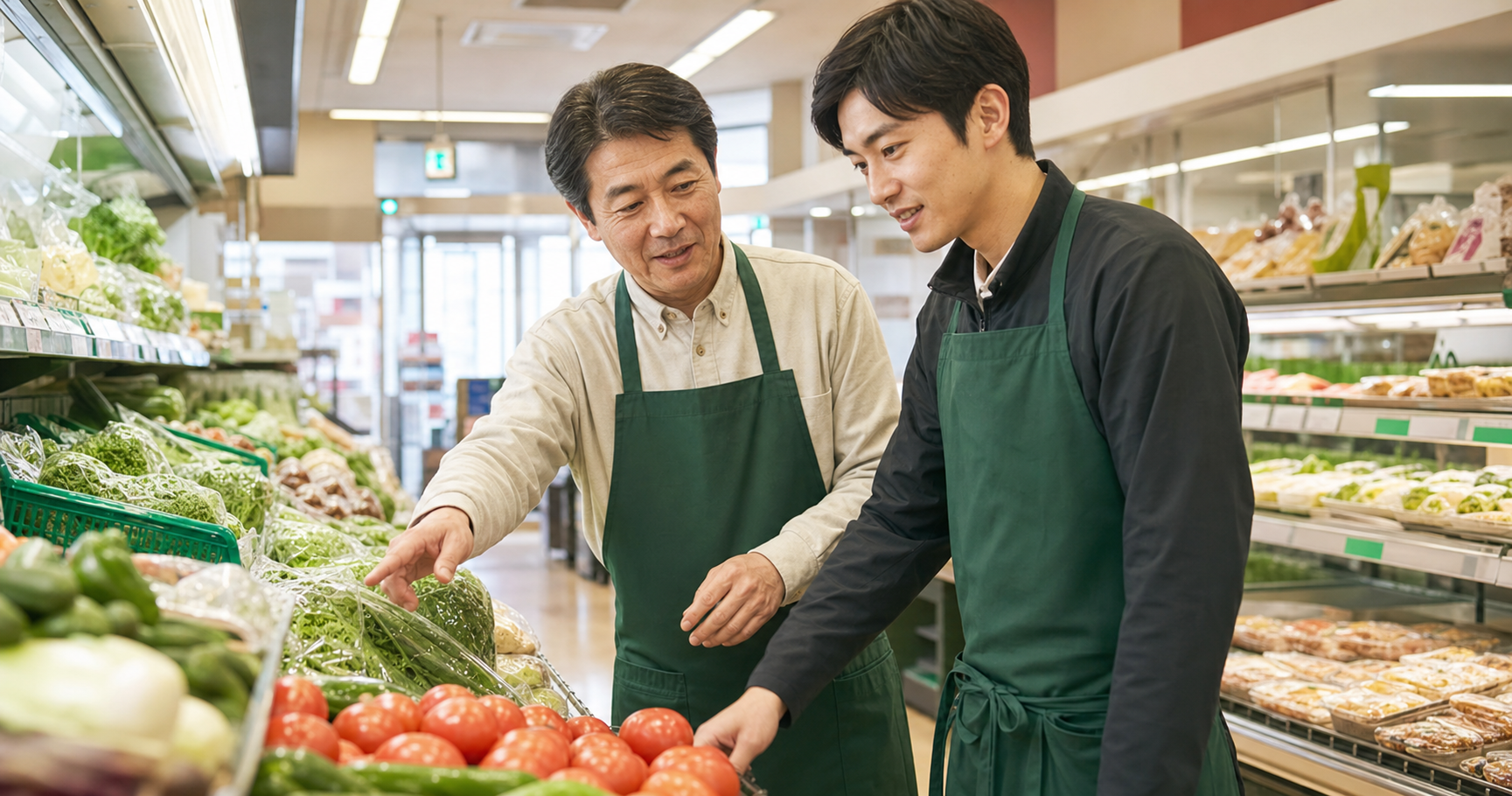 開店前の食品スーパーで売場を確認する店長とスタッフ