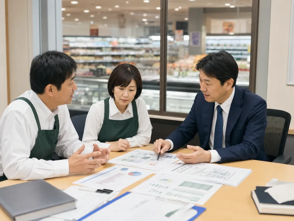 食品小売 M&Aの検討に向けて、店舗オペレーションと承継論点を確認しているイメージ
