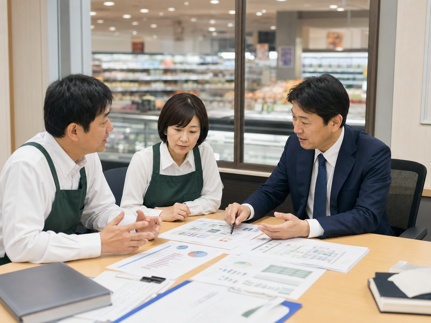 北陸 食品小売 M&Aの実務をイメージした商談と店舗承継のビジュアル