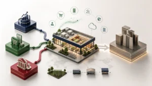 西友 M&A 事例で店舗・物流・EC・PMIの論点を示す抽象的な食品スーパー統合図