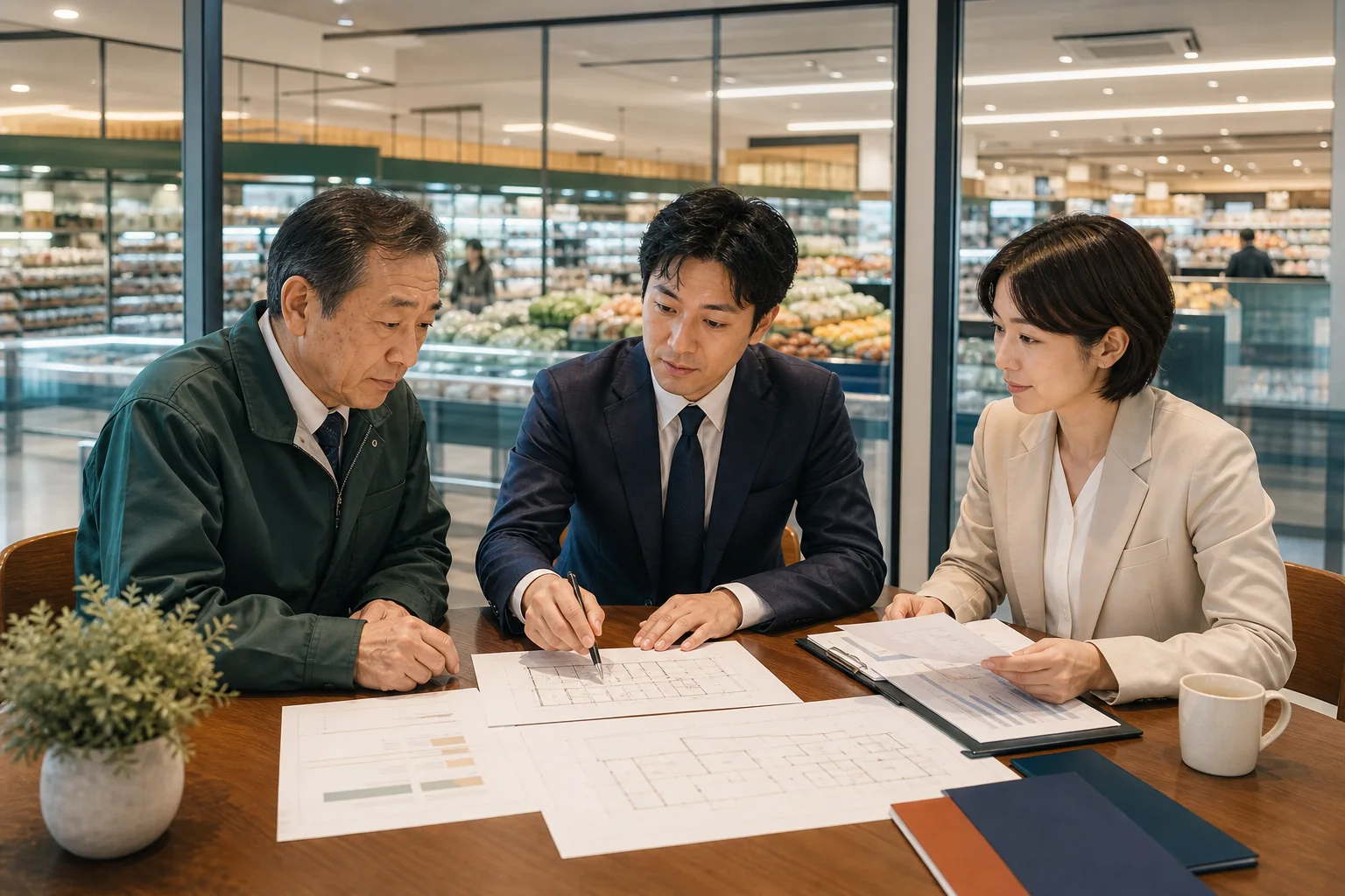 食品スーパーの経営者、譲受候補、M&Aアドバイザーが店舗図面と引き継ぎ計画を確認する様子