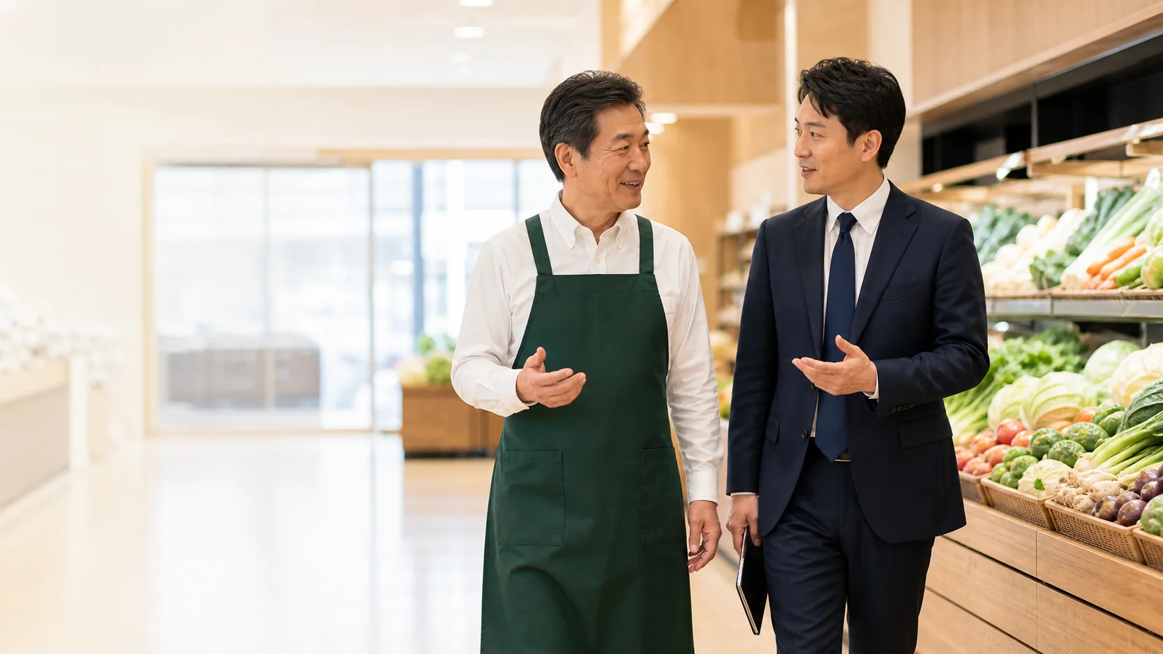 食品スーパーの生鮮売場で経営者とM&Aアドバイザーが事業承継について話す様子