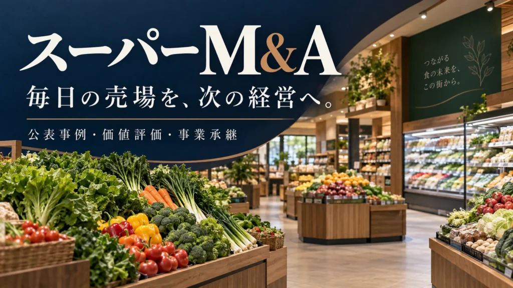 スーパー M&Aと事業承継をテーマにした食品スーパーの売場のイメージ