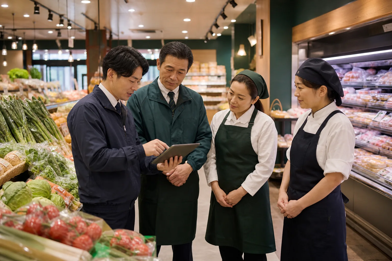 開店前の食品スーパーで店長と売場担当者がタブレットを見ながら在庫と売場運営を確認する様子